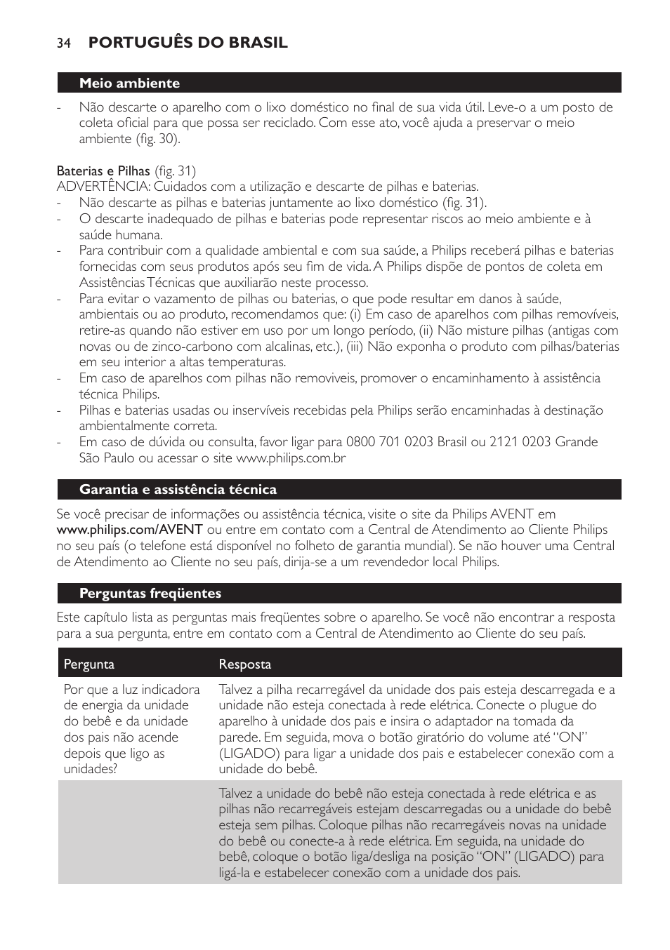 Garantia e assistência técnica, Perguntas freqüentes | Philips AVENT Vigilabebés con vídeo digital User Manual | Page 34 / 44