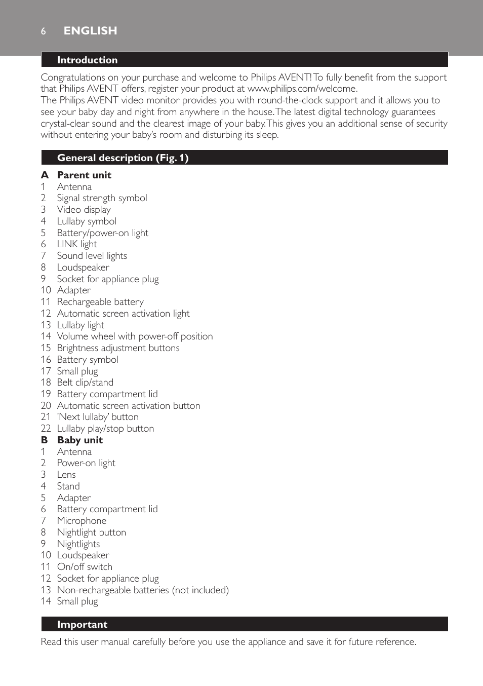 English, Introducción, Descripción general (fig. 1) | Importante | Philips AVENT Vigilabebés con vídeo digital User Manual | Page 6 / 44