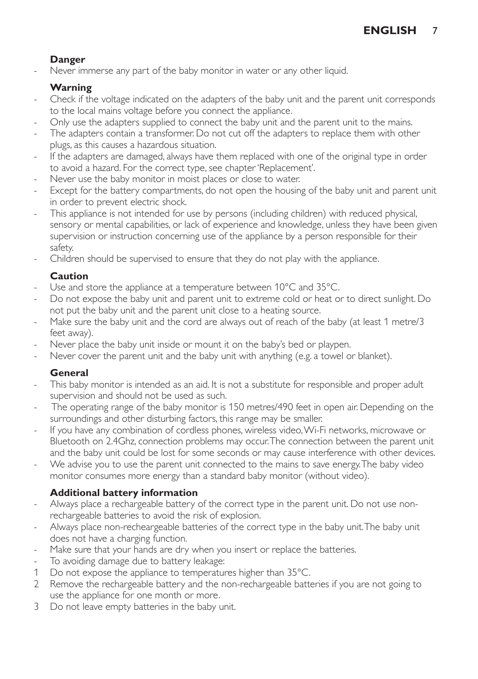 Peligro, Advertencia, Precauciones | General, Información adicional sobre las pilas | Philips AVENT Vigilabebés con vídeo digital User Manual | Page 7 / 44