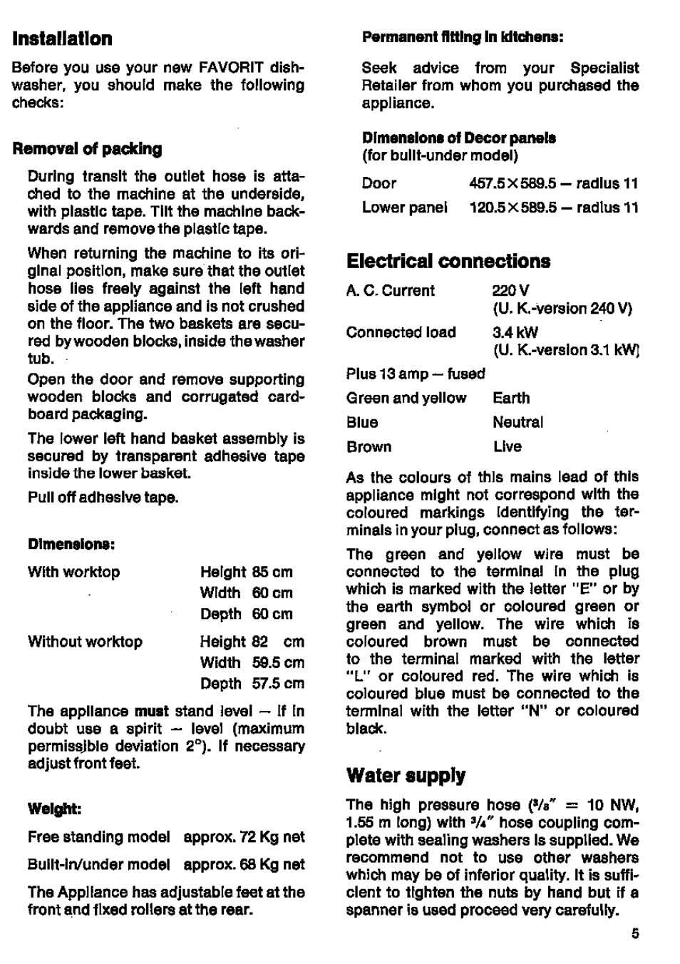 Permanent fitting in kitchens, Electrical connections, Wafer supply | Installation | AEG FAVORIT 146 User Manual | Page 5 / 20