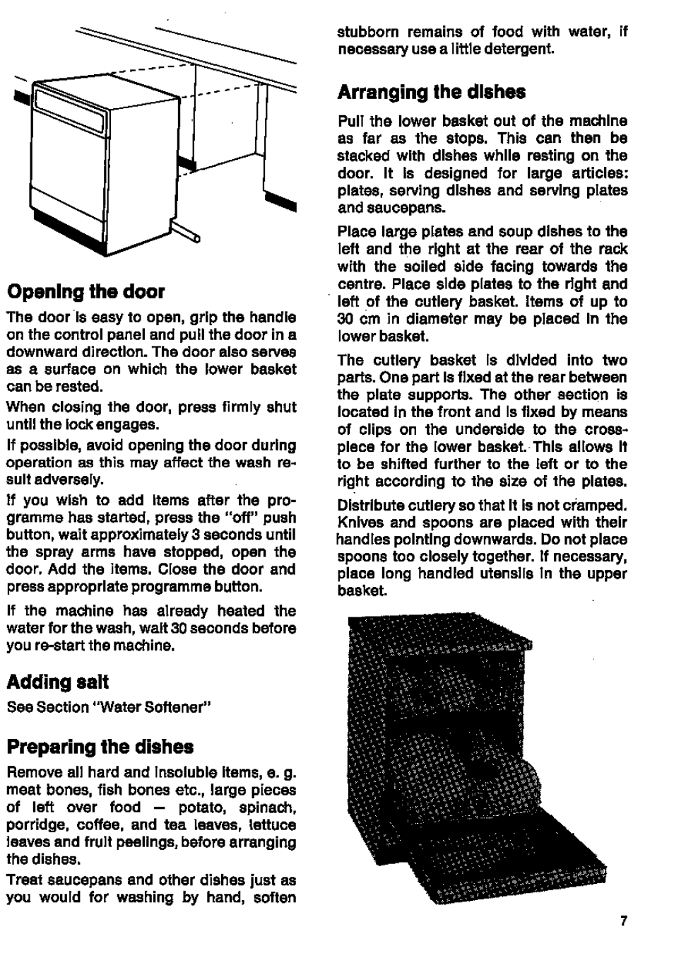Opening the door, Adding salt, Preparing the dishes | Arranging the dishes | AEG FAVORIT 146 User Manual | Page 7 / 20
