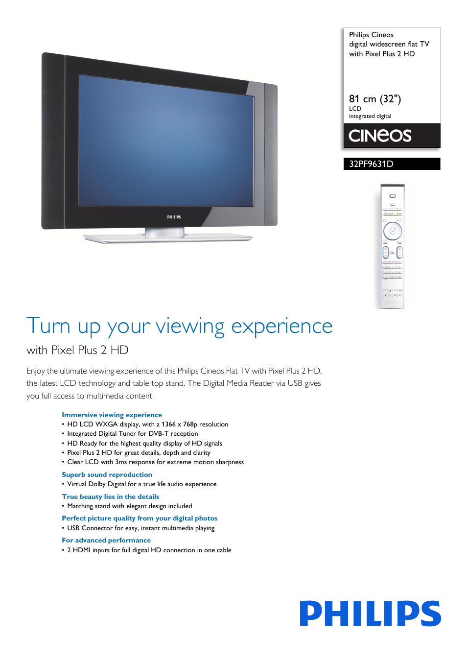 Philips Cineos Flat TV panorámico con TDT integrado User Manual | 3 pages