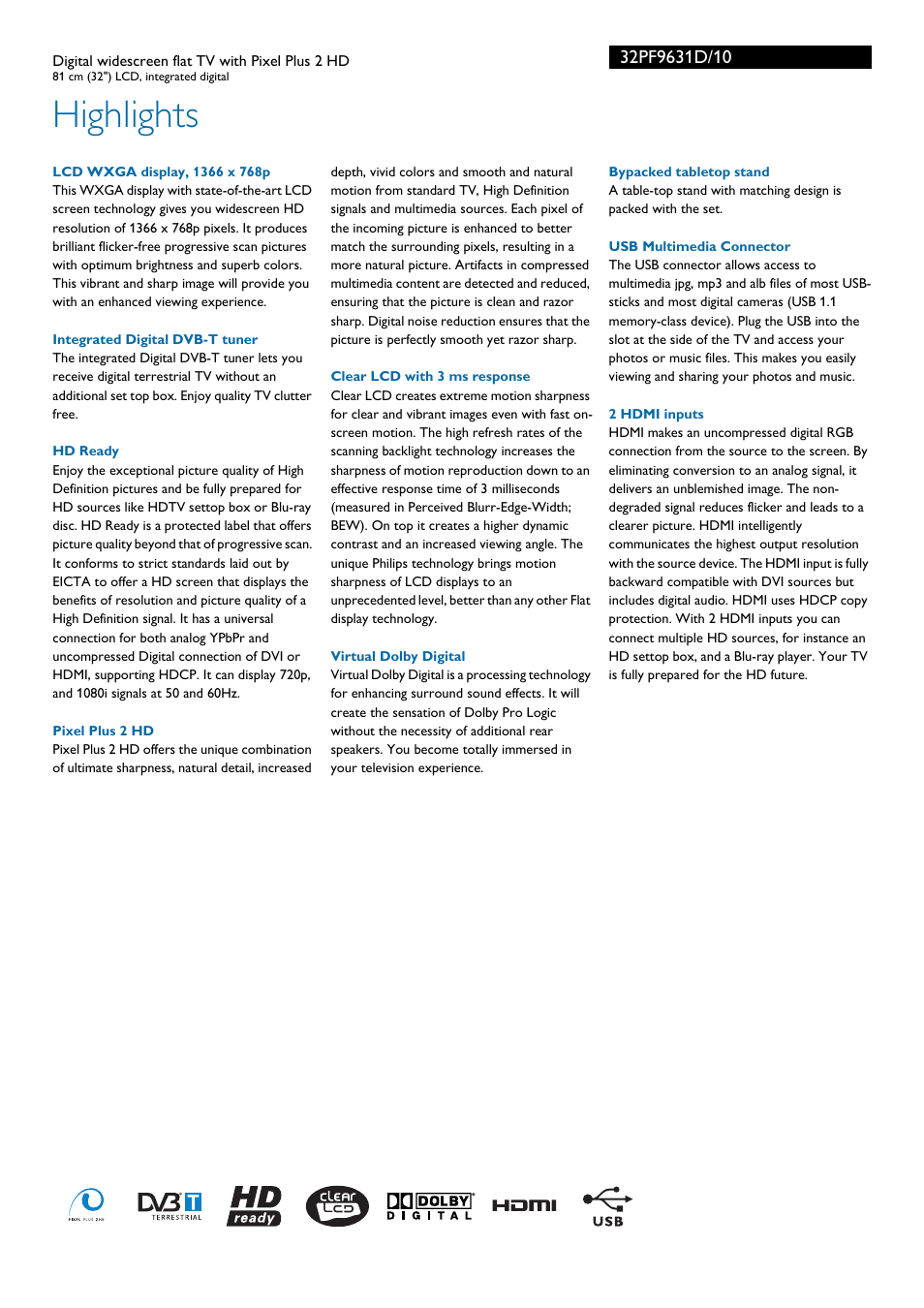 Highlights | Philips Cineos Flat TV panorámico con TDT integrado User Manual | Page 2 / 3