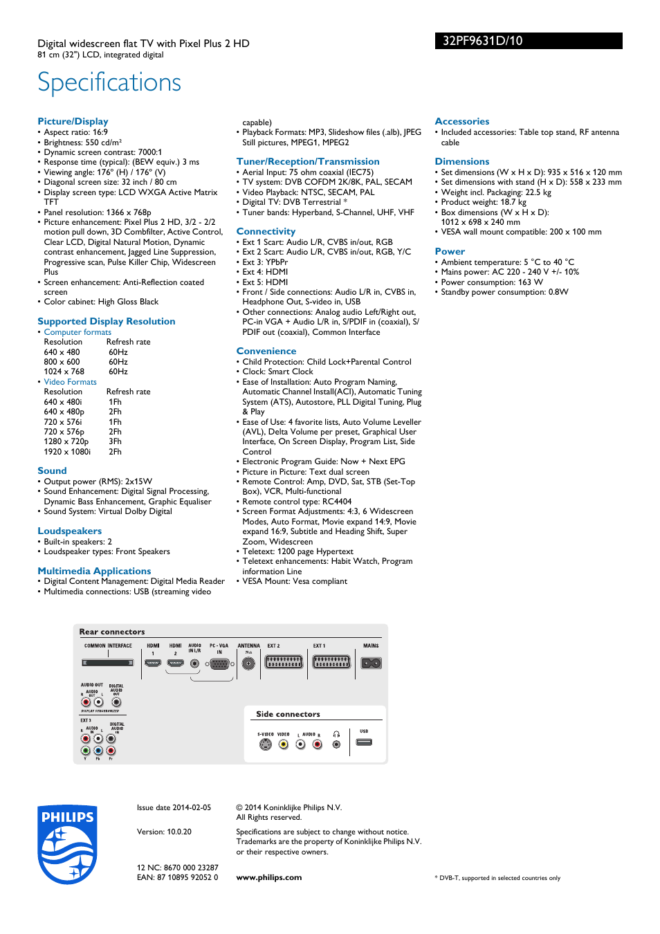 Specifications | Philips Cineos Flat TV panorámico con TDT integrado User Manual | Page 3 / 3