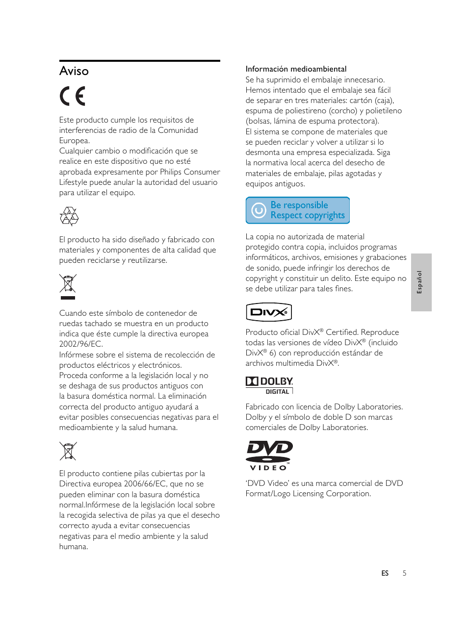 Aviso | Philips Microcadena DVD por componentes User Manual | Page 104 / 269