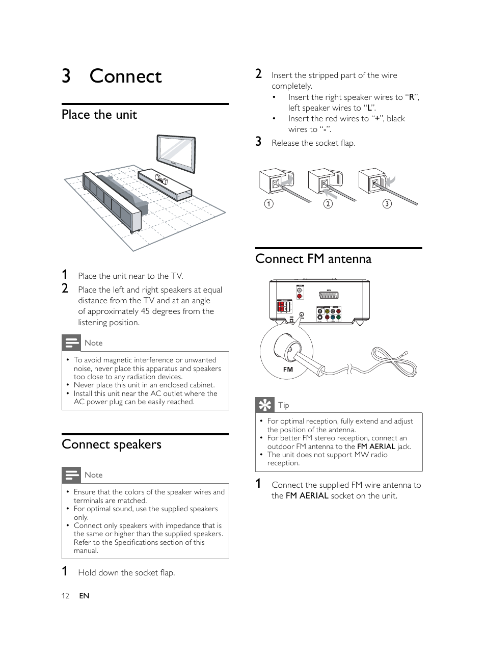 3 connect, Connect fm antenna, Place the unit 1 | Connect speakers | Philips Microcadena DVD por componentes User Manual | Page 11 / 269