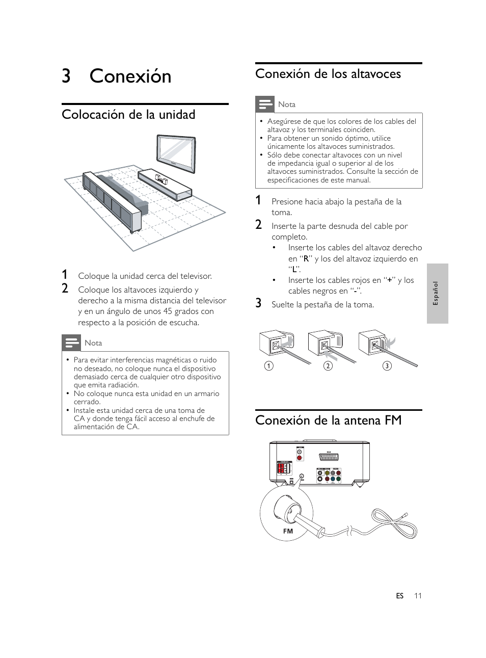 3 conexión, Conexión de los altavoces, Conexión de la antena fm | Colocación de la unidad 1 | Philips Microcadena DVD por componentes User Manual | Page 110 / 269