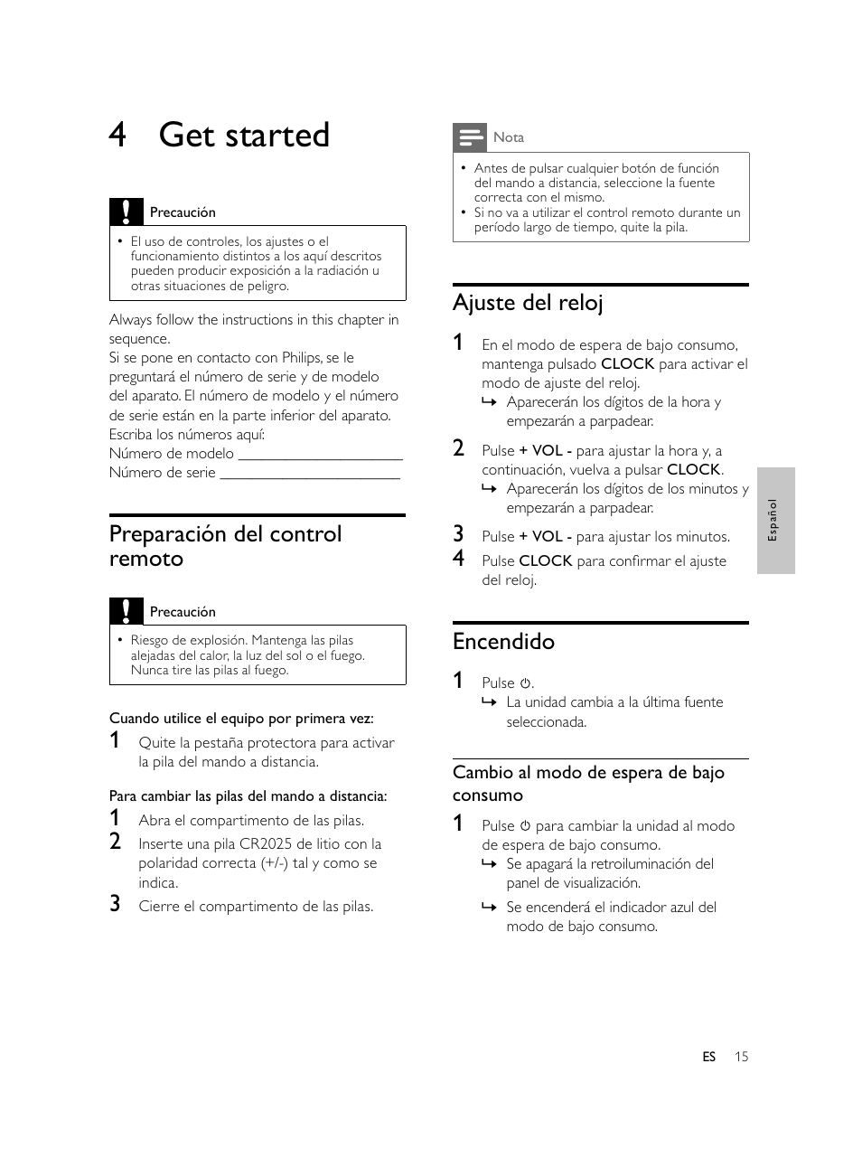 4 get started, Ajuste del reloj 1, Encendido 1 | Preparación del control remoto | Philips Microcadena DVD por componentes User Manual | Page 114 / 269