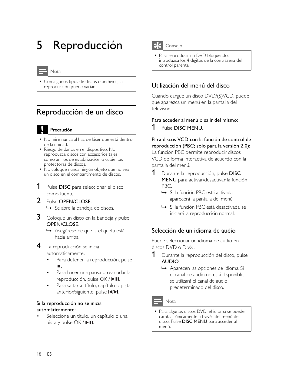 5 reproducción, Reproducción de un disco | Philips Microcadena DVD por componentes User Manual | Page 117 / 269