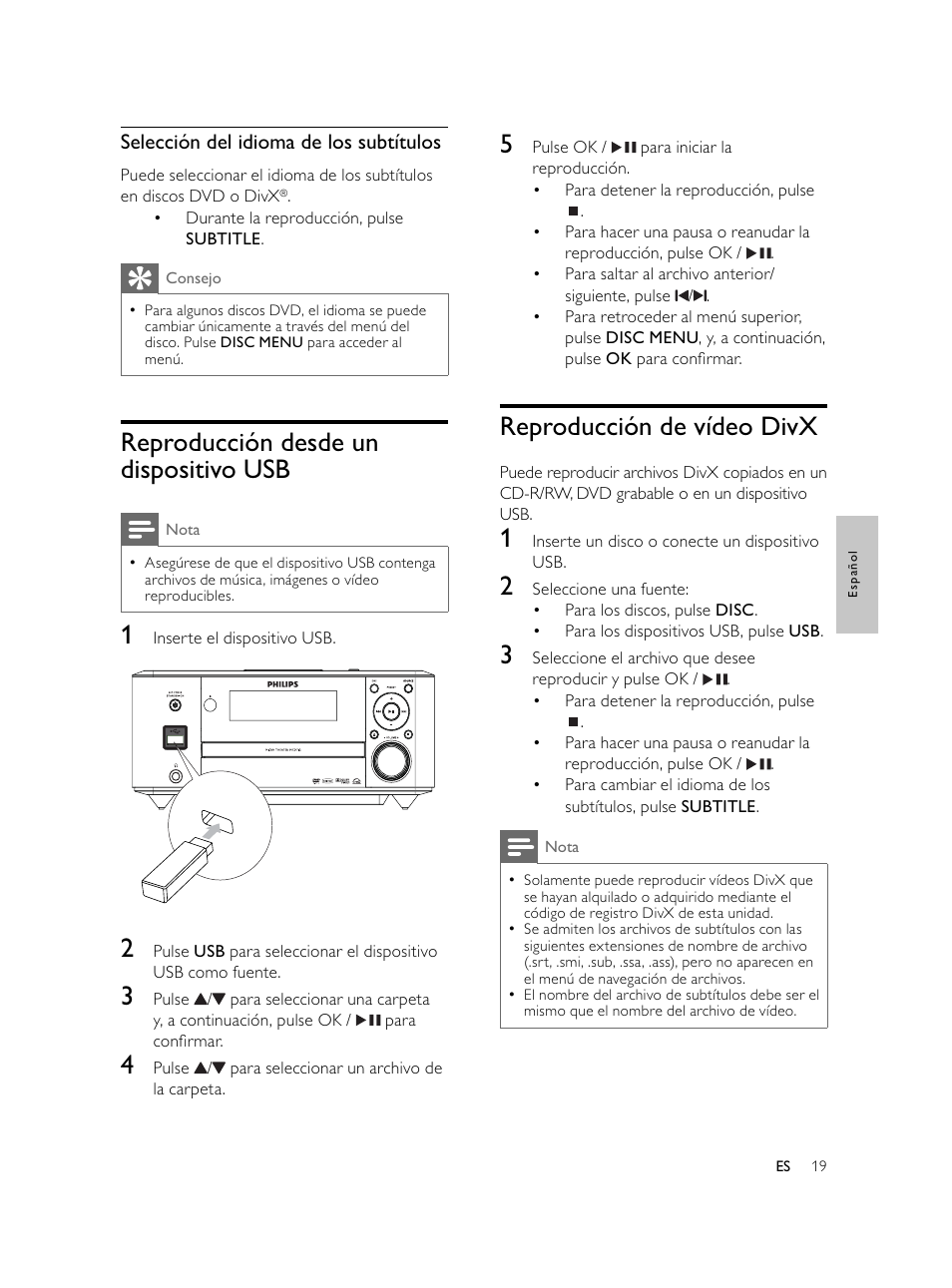 Reproducción de vídeo divx, Reproducción desde un dispositivo usb | Philips Microcadena DVD por componentes User Manual | Page 118 / 269
