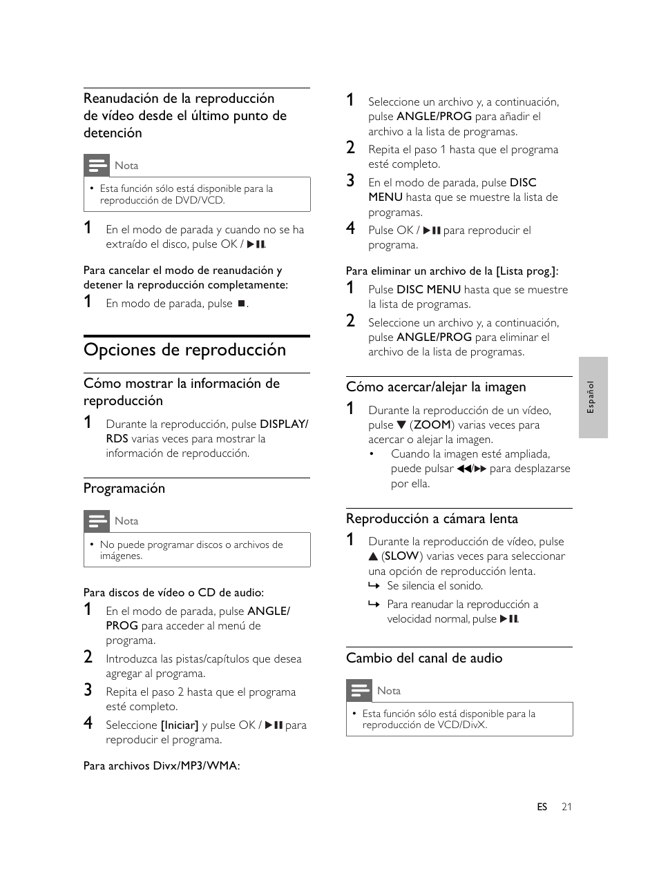 Opciones de reproducción | Philips Microcadena DVD por componentes User Manual | Page 120 / 269