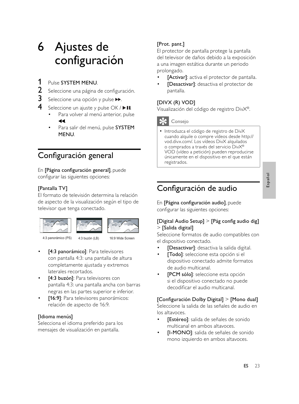 6 ajustes de configuración, Conﬁ guración de audio, Conﬁ guración general | Philips Microcadena DVD por componentes User Manual | Page 122 / 269