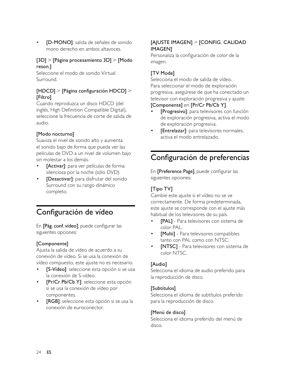 Conﬁ guración de preferencias, Conﬁ guración de vídeo | Philips Microcadena DVD por componentes User Manual | Page 123 / 269