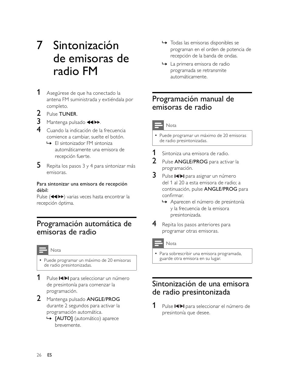 7 sintonización de emisoras de radio fm, Programación manual de emisoras de radio, Programación automática de emisoras de radio | Philips Microcadena DVD por componentes User Manual | Page 125 / 269