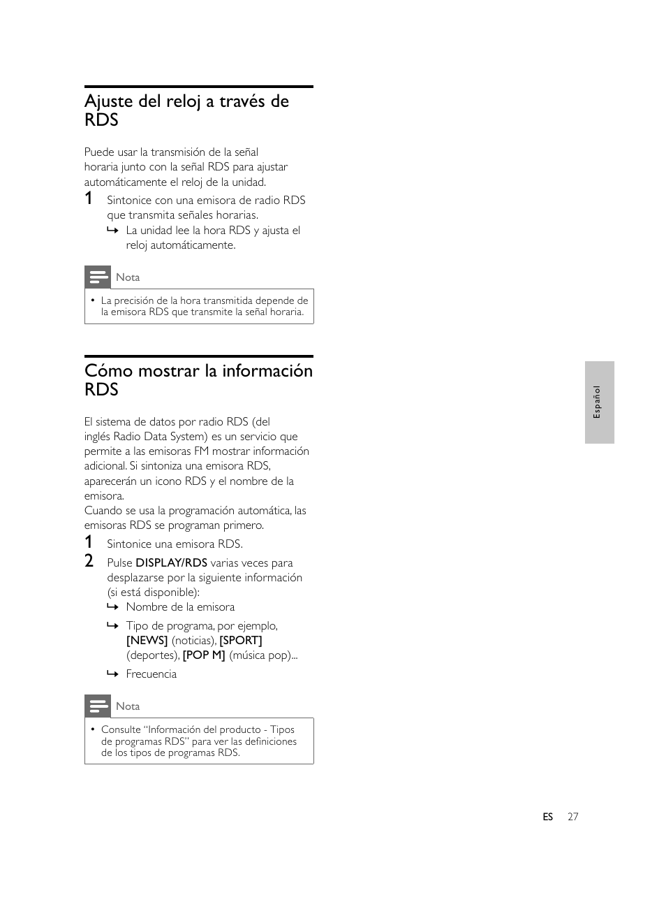 Ajuste del reloj a través de rds, Cómo mostrar la información rds | Philips Microcadena DVD por componentes User Manual | Page 126 / 269