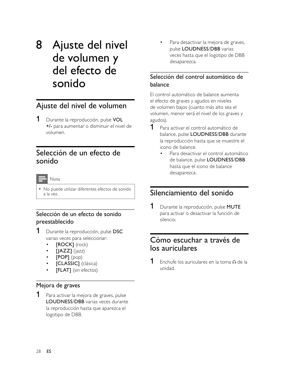 Silenciamiento del sonido 1, Cómo escuchar a través de los auriculares 1, Ajuste del nivel de volumen 1 | Selección de un efecto de sonido | Philips Microcadena DVD por componentes User Manual | Page 127 / 269