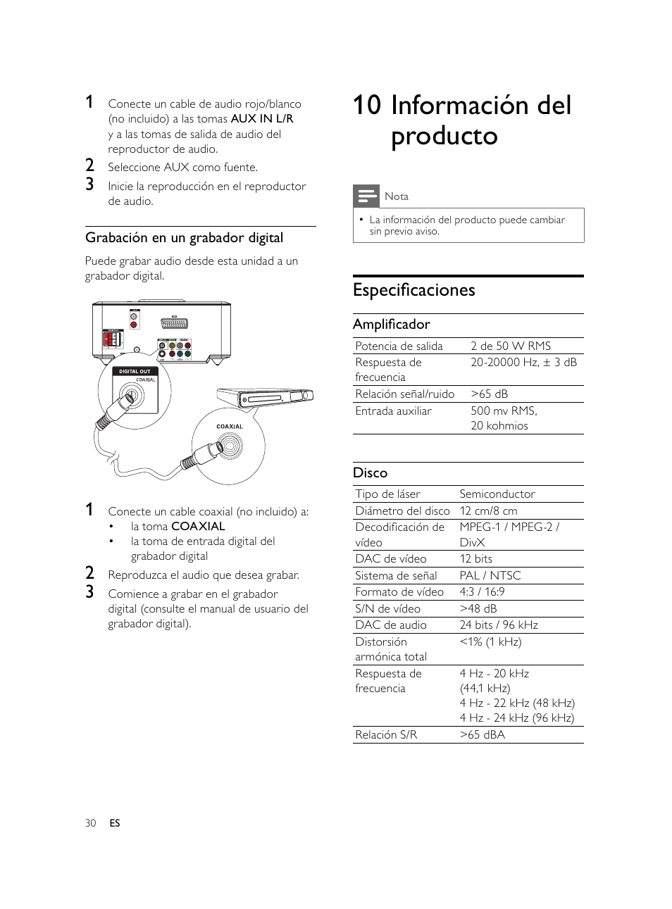 10 información del producto, Especiﬁ caciones | Philips Microcadena DVD por componentes User Manual | Page 129 / 269