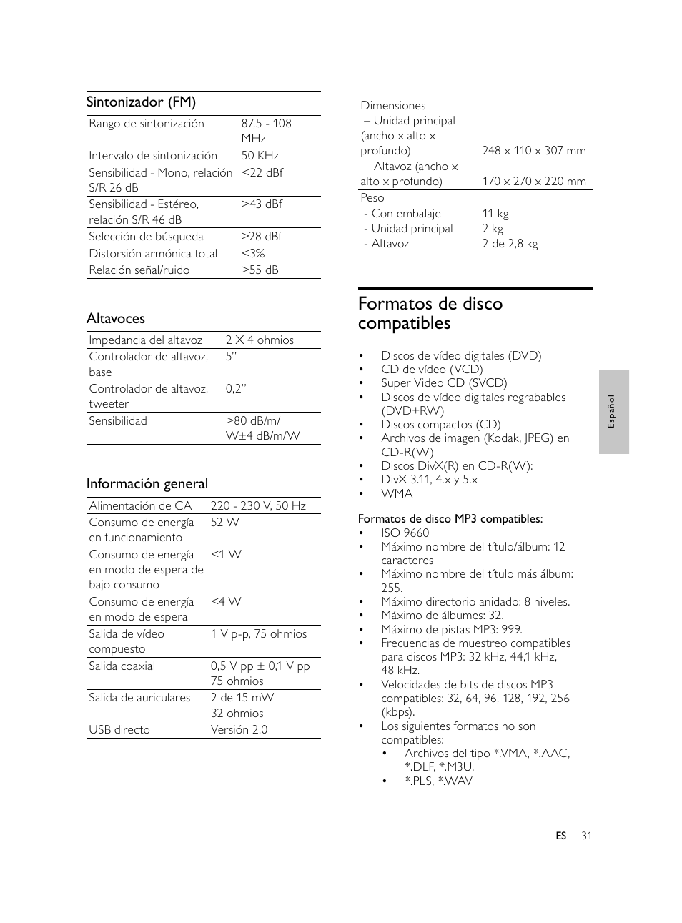 Formatos de disco compatibles, Sintonizador (fm), Altavoces | Información general | Philips Microcadena DVD por componentes User Manual | Page 130 / 269