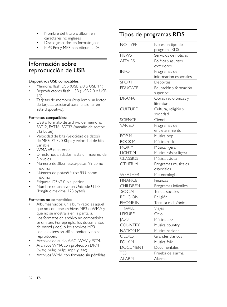 Tipos de programas rds, Información sobre reproducción de usb | Philips Microcadena DVD por componentes User Manual | Page 131 / 269