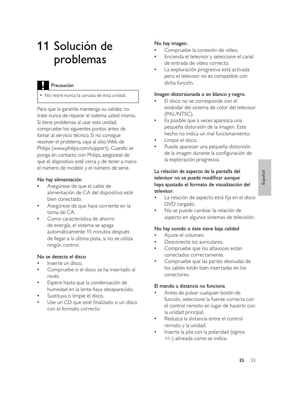 11 solución de problemas | Philips Microcadena DVD por componentes User Manual | Page 132 / 269