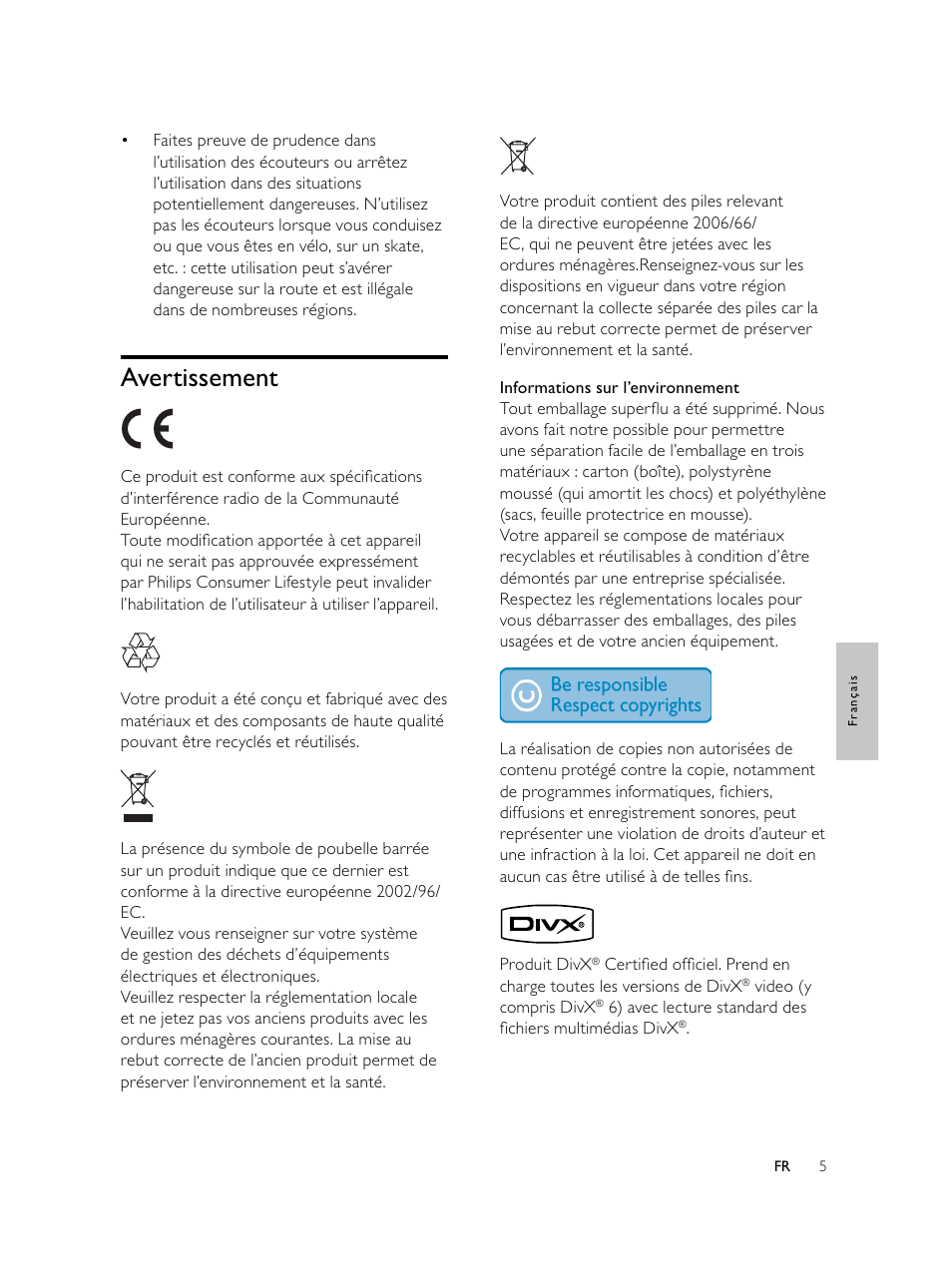 Avertissement | Philips Microcadena DVD por componentes User Manual | Page 138 / 269