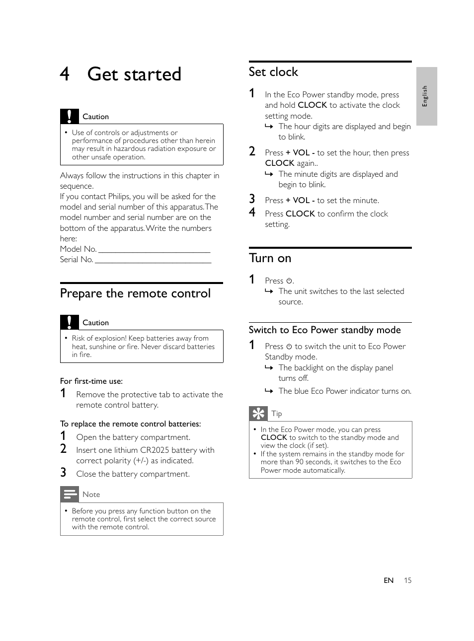 4 get started, Set clock 1, Turn on 1 | Prepare the remote control | Philips Microcadena DVD por componentes User Manual | Page 14 / 269