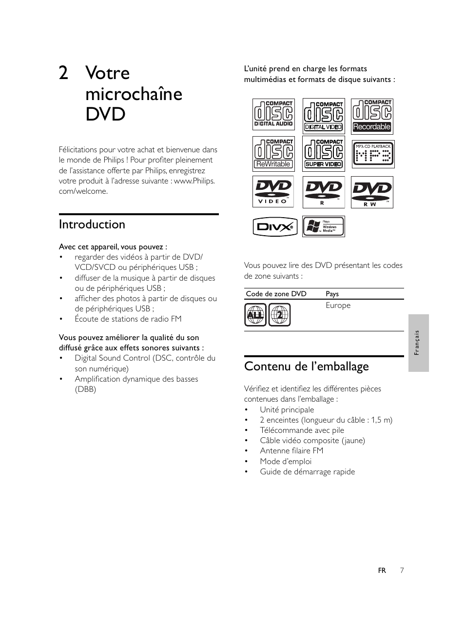 2 votre microchaîne dvd, Contenu de l’emballage, Introduction | Philips Microcadena DVD por componentes User Manual | Page 140 / 269