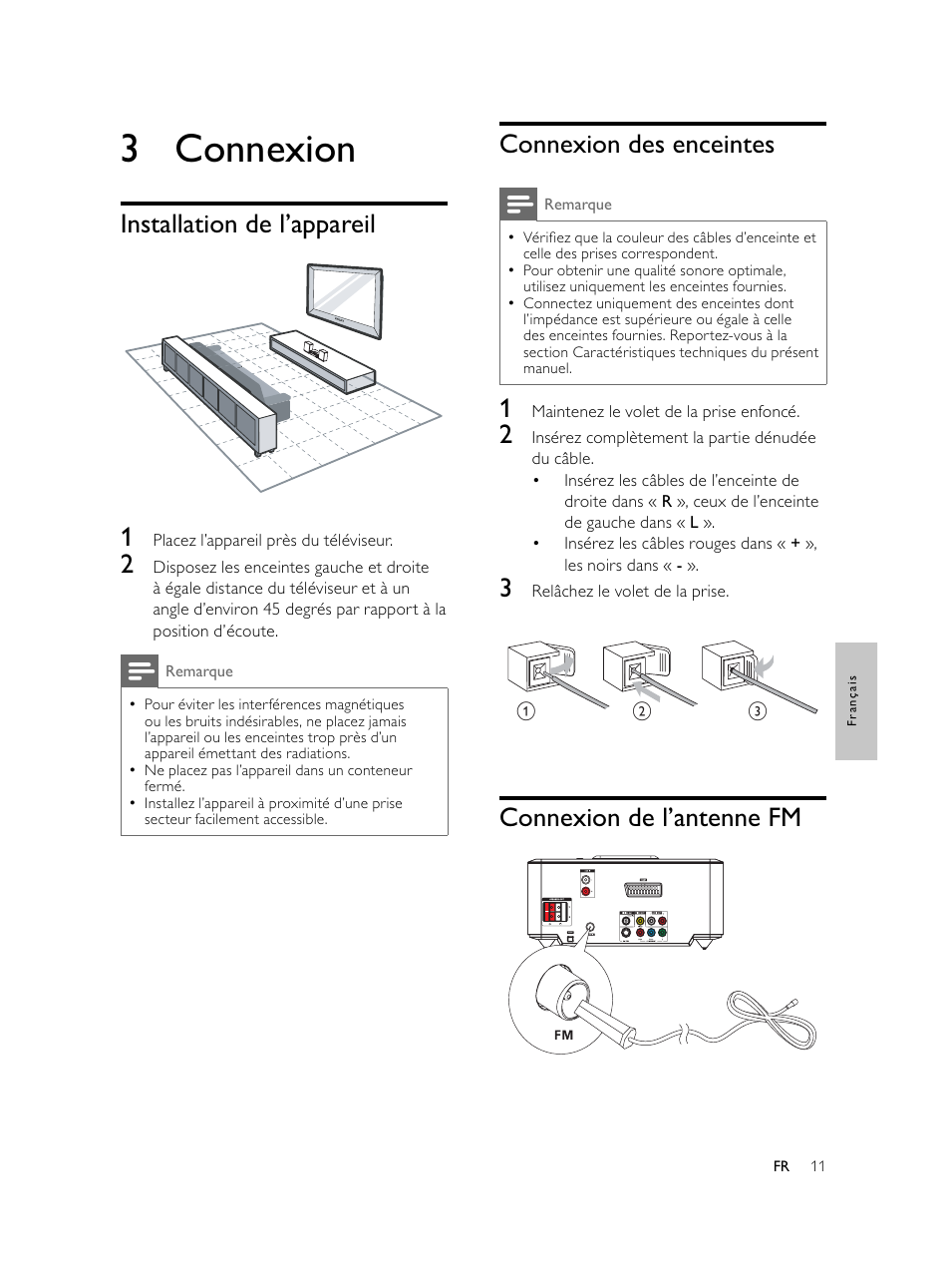 3 connexion, Connexion des enceintes, Connexion de l’antenne fm | Installation de l’appareil 1 | Philips Microcadena DVD por componentes User Manual | Page 144 / 269