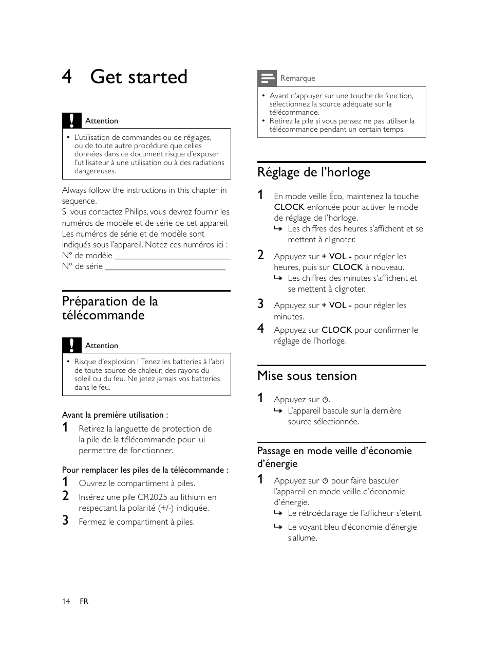 4 get started, Réglage de l’horloge 1, Mise sous tension 1 | Préparation de la télécommande | Philips Microcadena DVD por componentes User Manual | Page 147 / 269