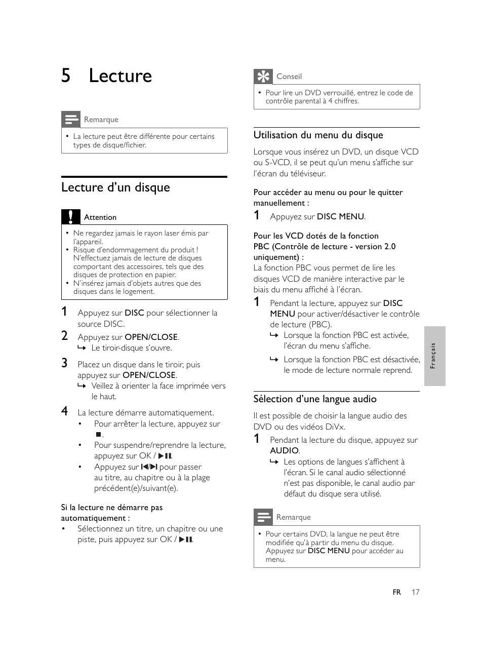5 lecture, Lecture d’un disque | Philips Microcadena DVD por componentes User Manual | Page 150 / 269