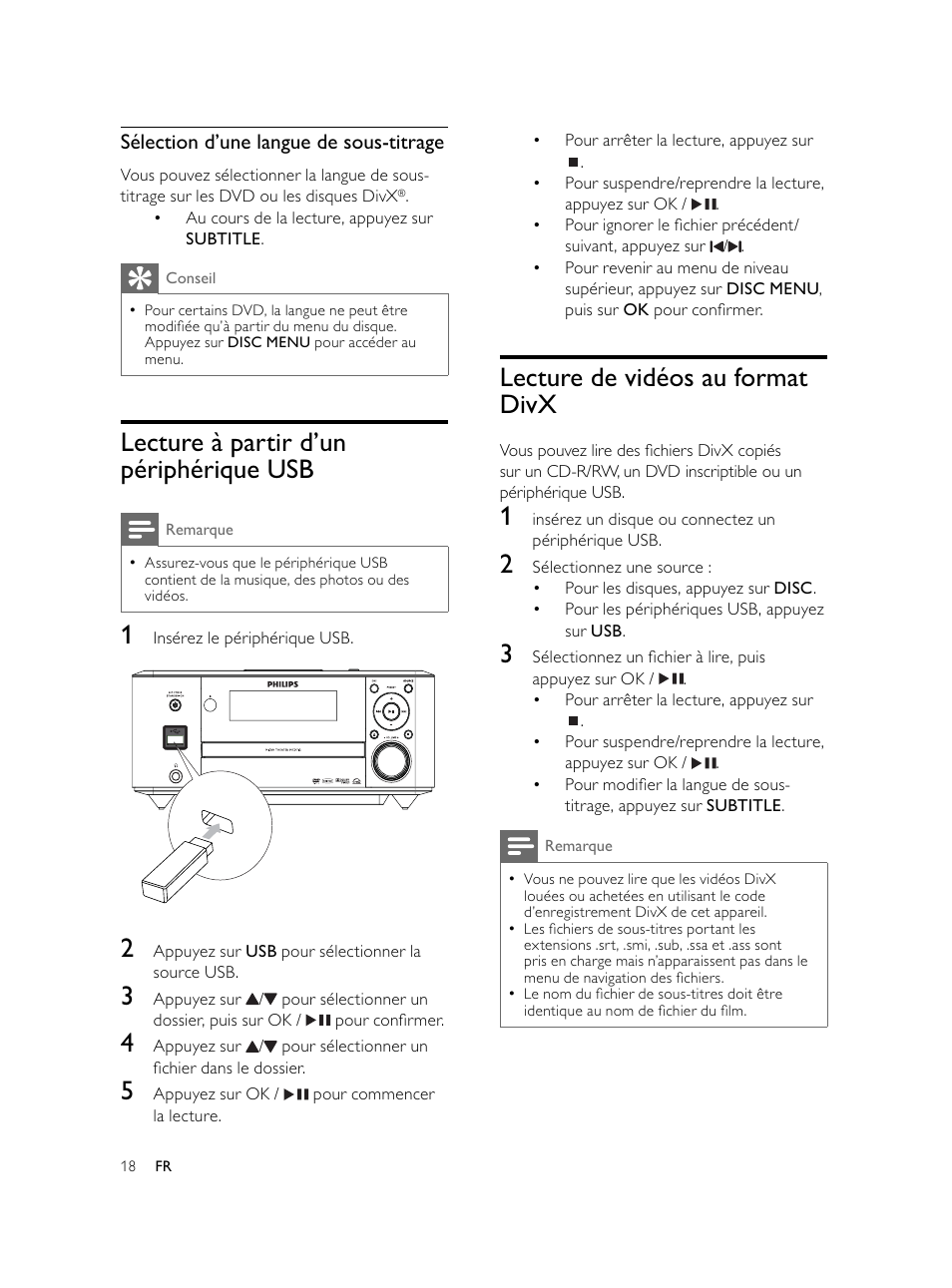 Lecture de vidéos au format divx, Lecture à partir d’un périphérique usb | Philips Microcadena DVD por componentes User Manual | Page 151 / 269