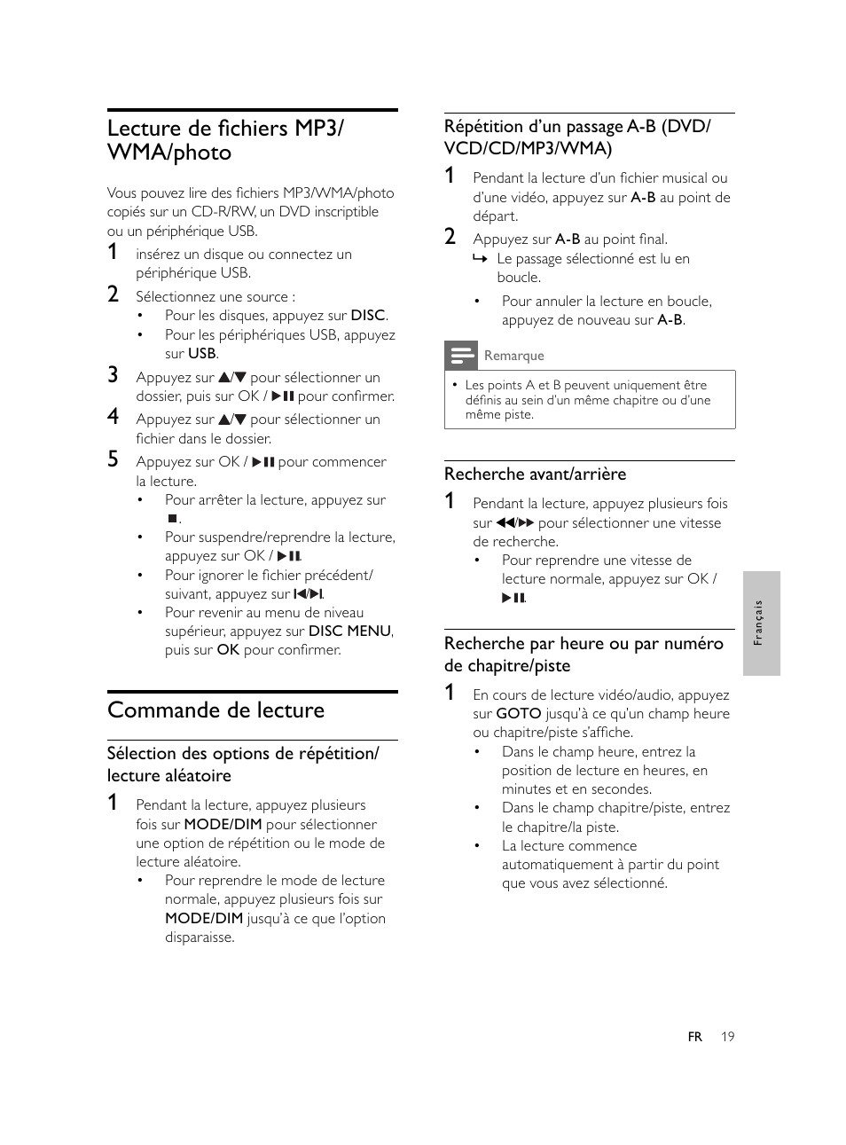 Lecture de ﬁ chiers mp3/ wma/photo, Commande de lecture | Philips Microcadena DVD por componentes User Manual | Page 152 / 269