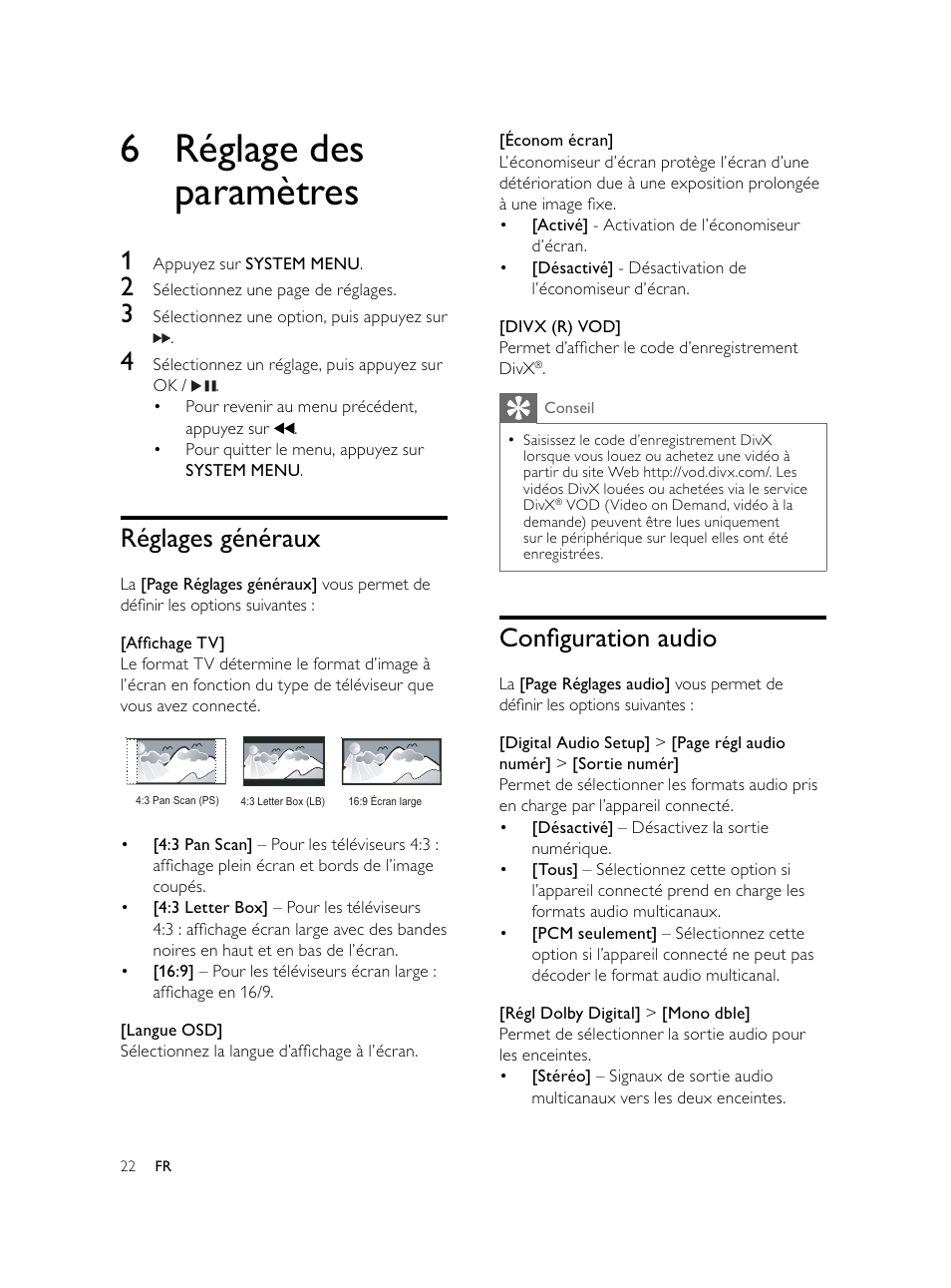 6 réglage des paramètres, Conﬁ guration audio, Réglages généraux | Philips Microcadena DVD por componentes User Manual | Page 155 / 269