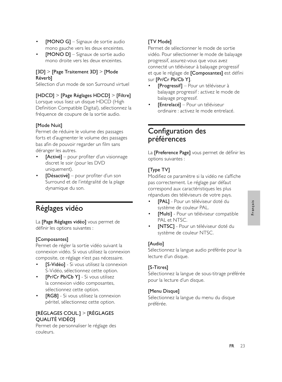 Conﬁ guration des préférences, Réglages vidéo | Philips Microcadena DVD por componentes User Manual | Page 156 / 269