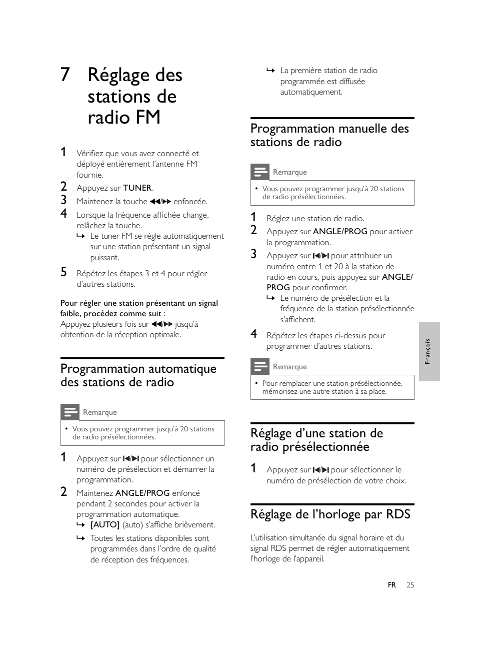7 réglage des stations de radio fm, Programmation manuelle des stations de radio, Réglage d’une station de radio présélectionnée 1 | Réglage de l’horloge par rds, Programmation automatique des stations de radio | Philips Microcadena DVD por componentes User Manual | Page 158 / 269