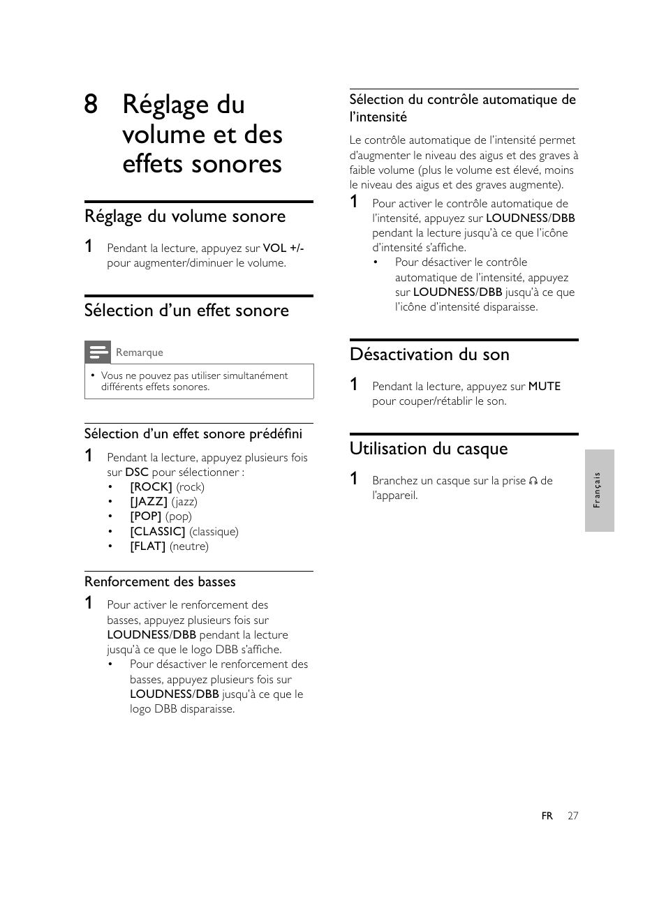 8 réglage du volume et des effets sonores, Désactivation du son 1, Utilisation du casque 1 | Réglage du volume sonore 1, Sélection d’un effet sonore | Philips Microcadena DVD por componentes User Manual | Page 160 / 269