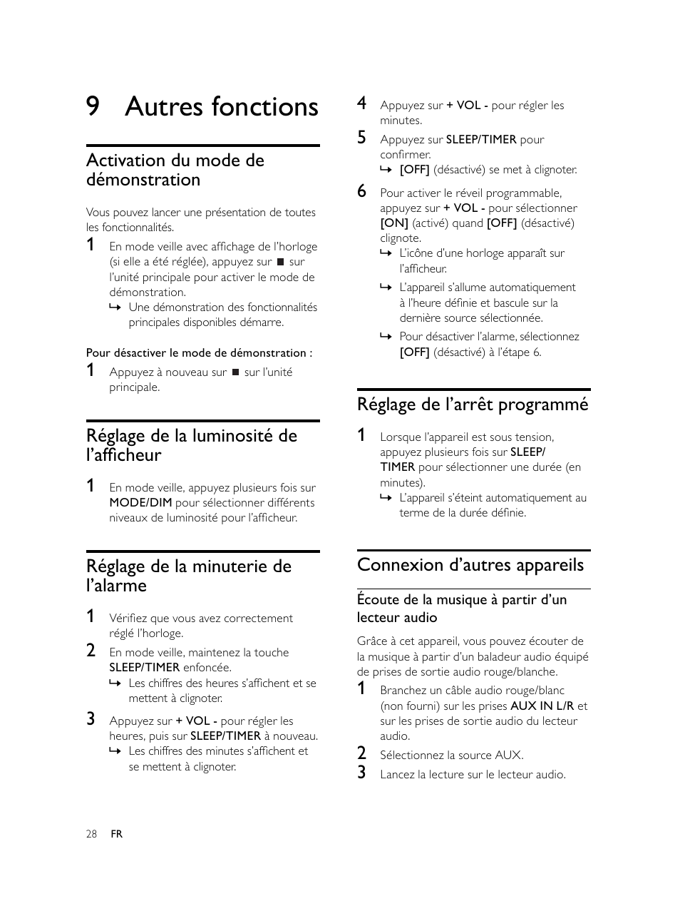 9 autres fonctions, Réglage de l’arrêt programmé 1, Connexion d’autres appareils | Activation du mode de démonstration, Réglage de la luminosité de l’afﬁ cheur 1, Réglage de la minuterie de l’alarme 1 | Philips Microcadena DVD por componentes User Manual | Page 161 / 269