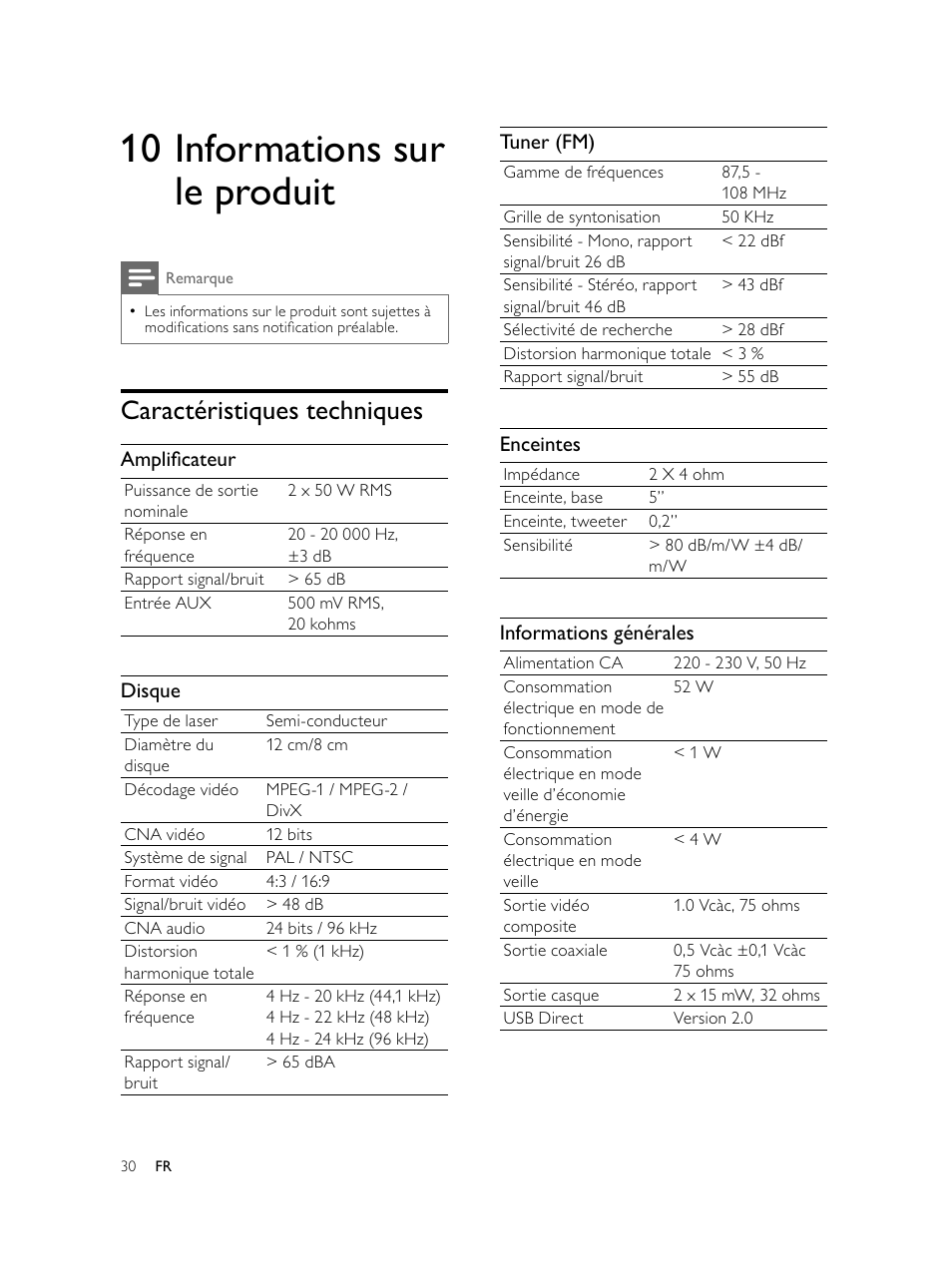 10 informations sur le produit, Caractéristiques techniques | Philips Microcadena DVD por componentes User Manual | Page 163 / 269