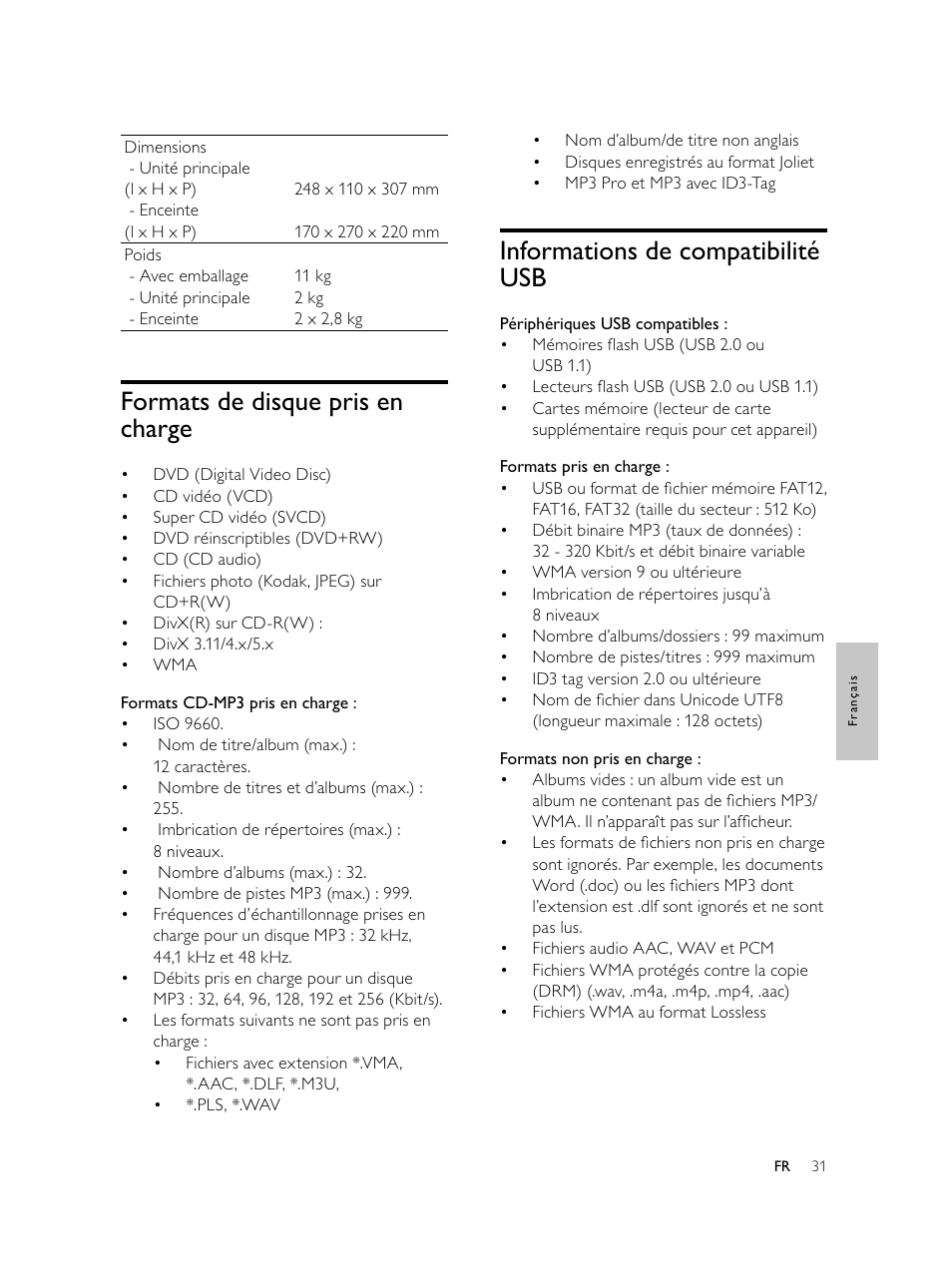 Informations de compatibilité usb, Formats de disque pris en charge | Philips Microcadena DVD por componentes User Manual | Page 164 / 269