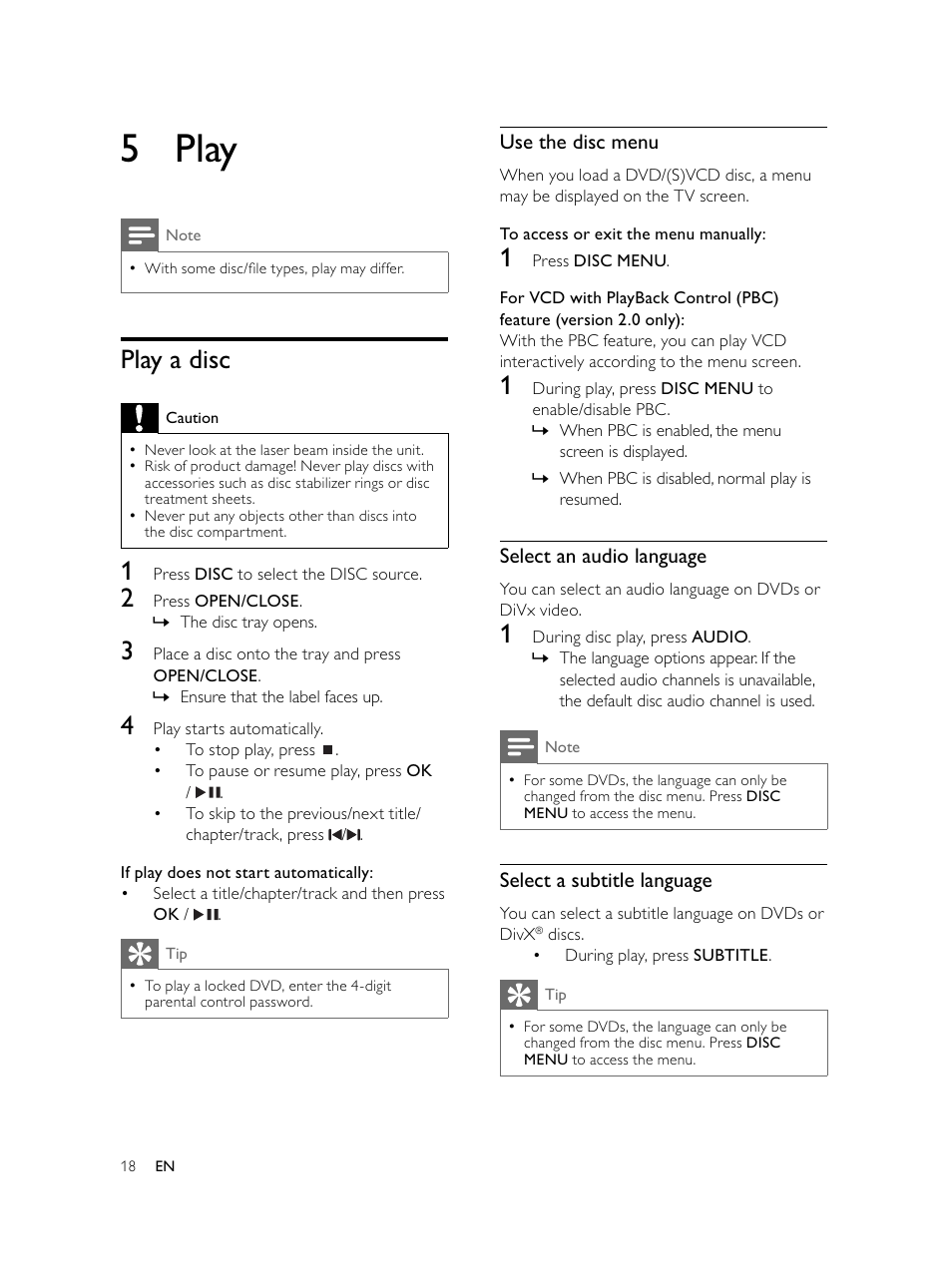 5 play, Play a disc | Philips Microcadena DVD por componentes User Manual | Page 17 / 269