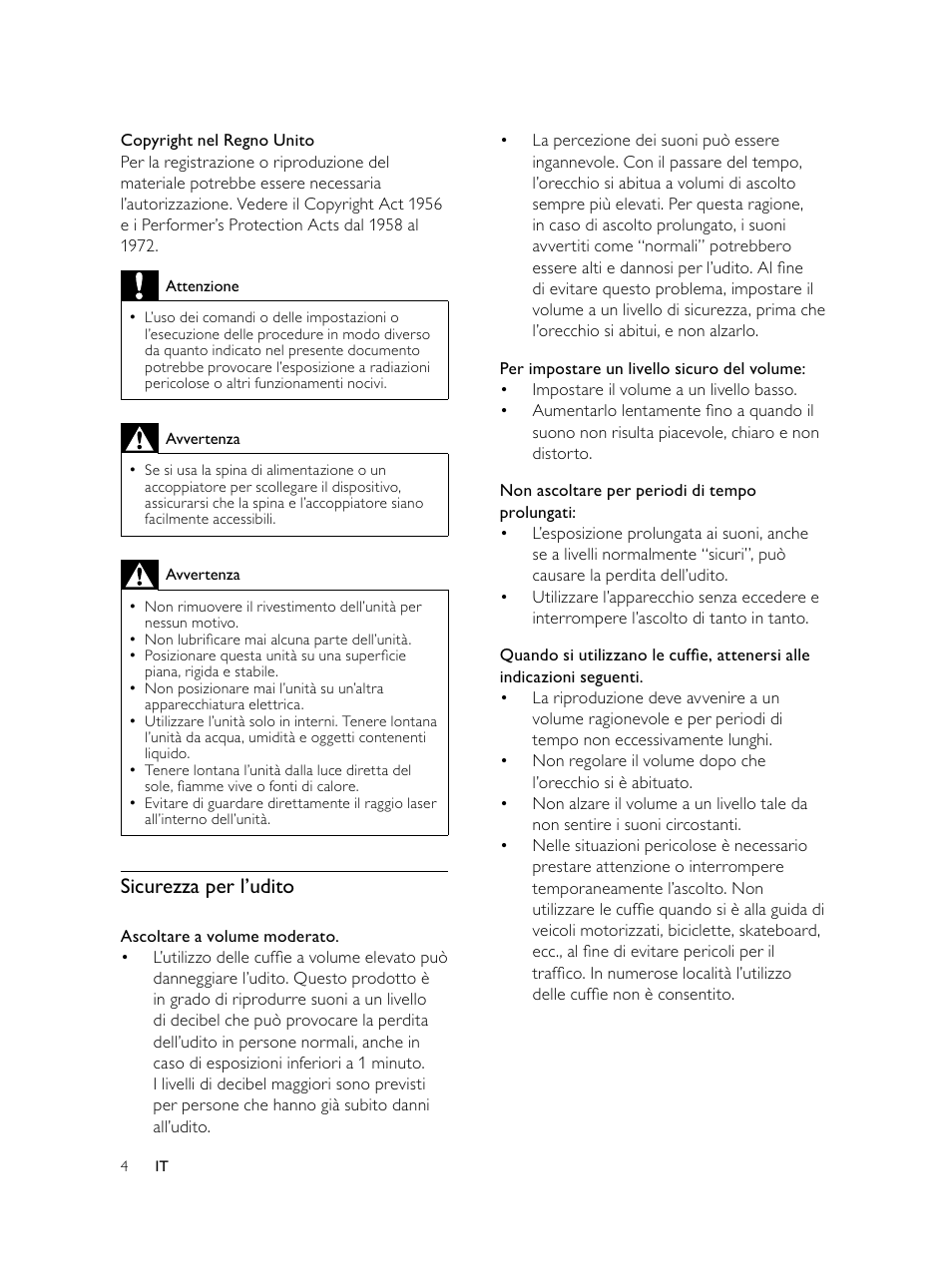 Sicurezza per l’udito | Philips Microcadena DVD por componentes User Manual | Page 171 / 269