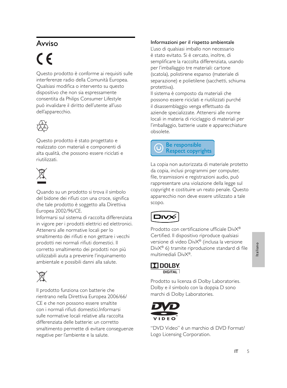 Avviso | Philips Microcadena DVD por componentes User Manual | Page 172 / 269