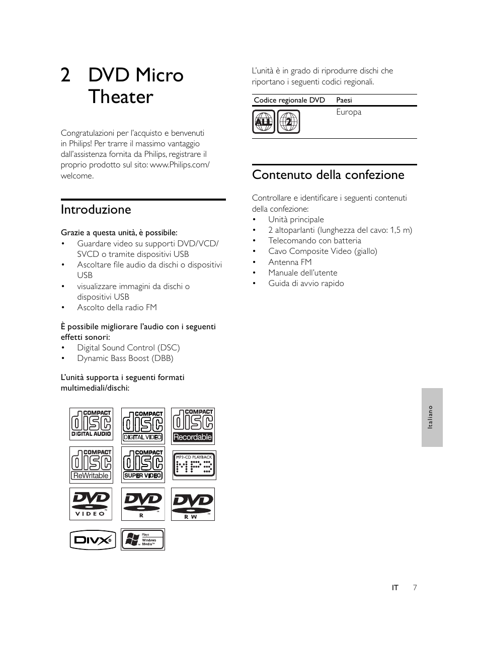 2 dvd micro theater, Contenuto della confezione, Introduzione | Philips Microcadena DVD por componentes User Manual | Page 174 / 269