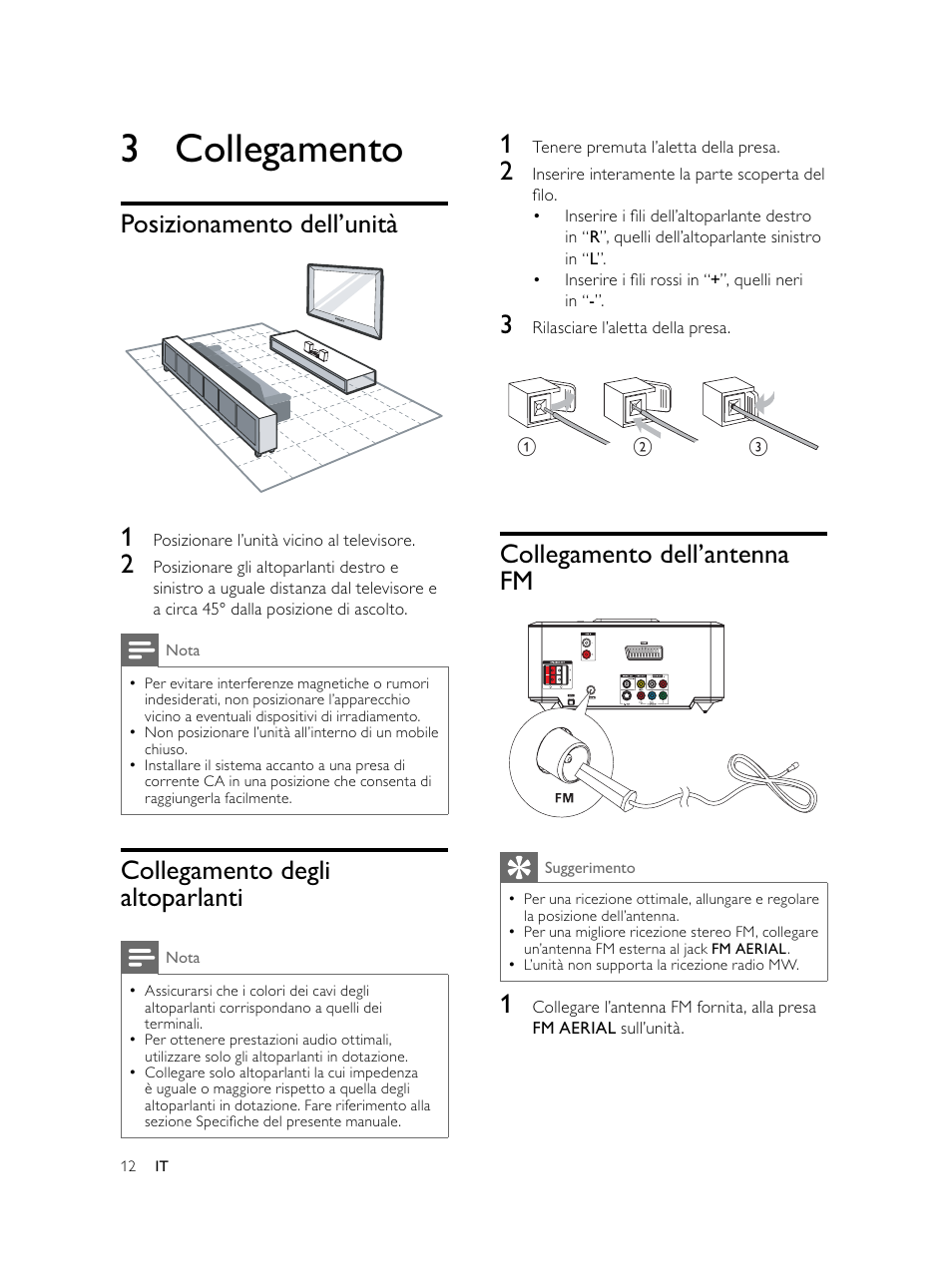 3 collegamento, Collegamento dell’antenna fm, Posizionamento dell’unità 1 | Collegamento degli altoparlanti | Philips Microcadena DVD por componentes User Manual | Page 179 / 269