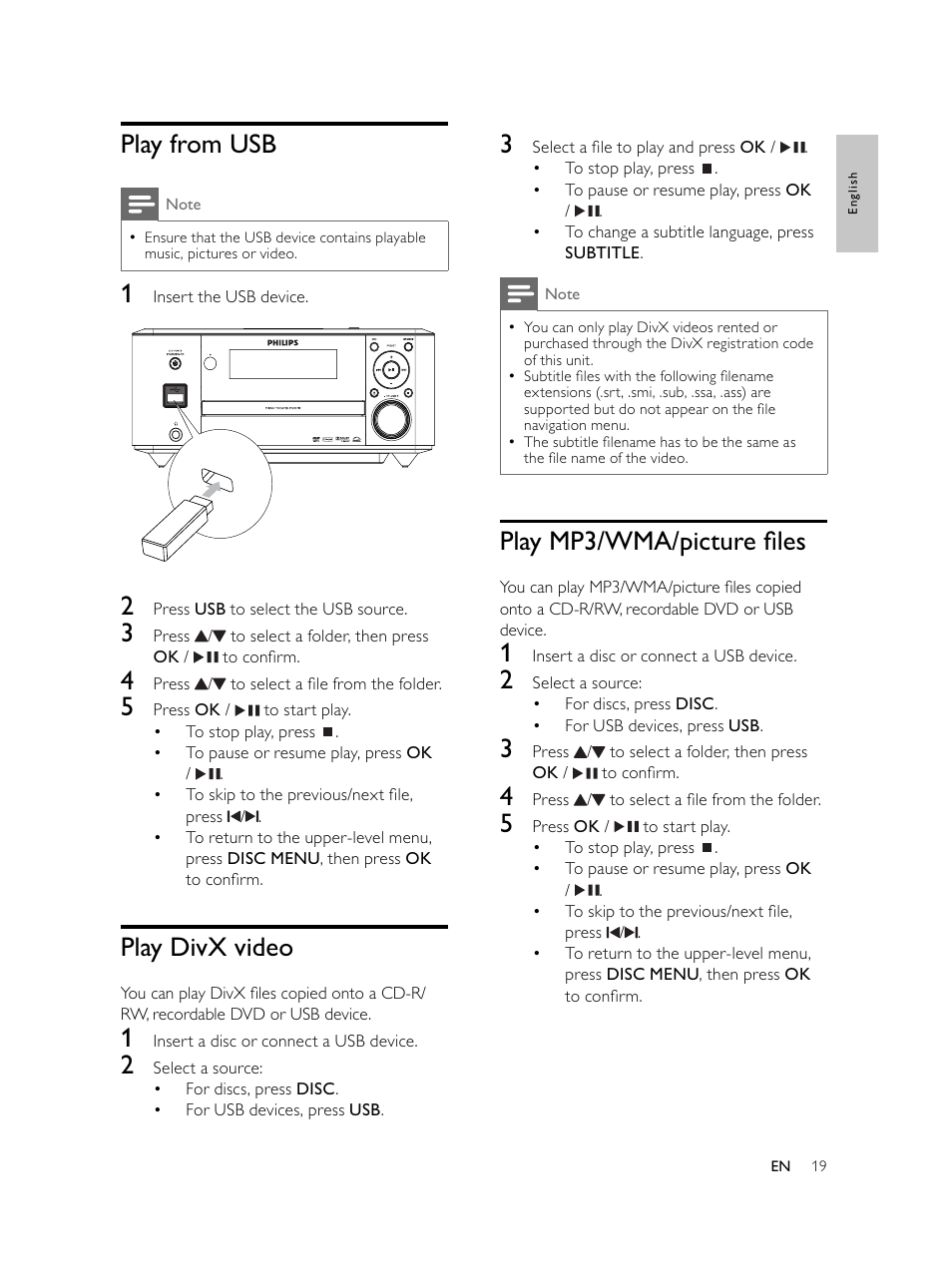 Play mp3/wma/picture ﬁ les, Play from usb, Play divx video | Philips Microcadena DVD por componentes User Manual | Page 18 / 269