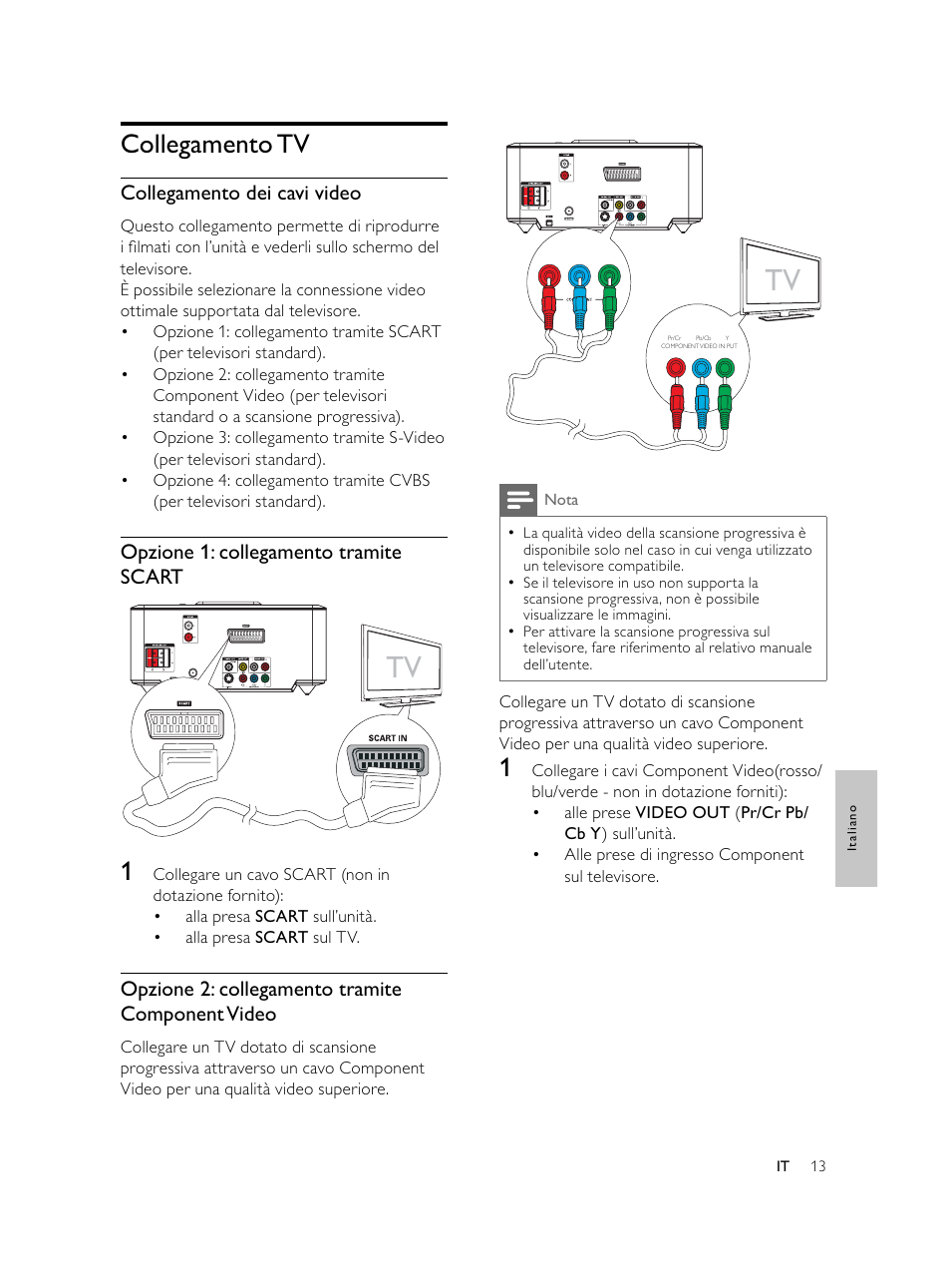 Collegamento tv, Collegamento dei cavi video, Opzione 1: collegamento tramite scart | Opzione 2: collegamento tramite component video | Philips Microcadena DVD por componentes User Manual | Page 180 / 269