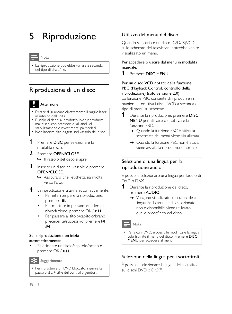 5 riproduzione, Riproduzione di un disco | Philips Microcadena DVD por componentes User Manual | Page 185 / 269
