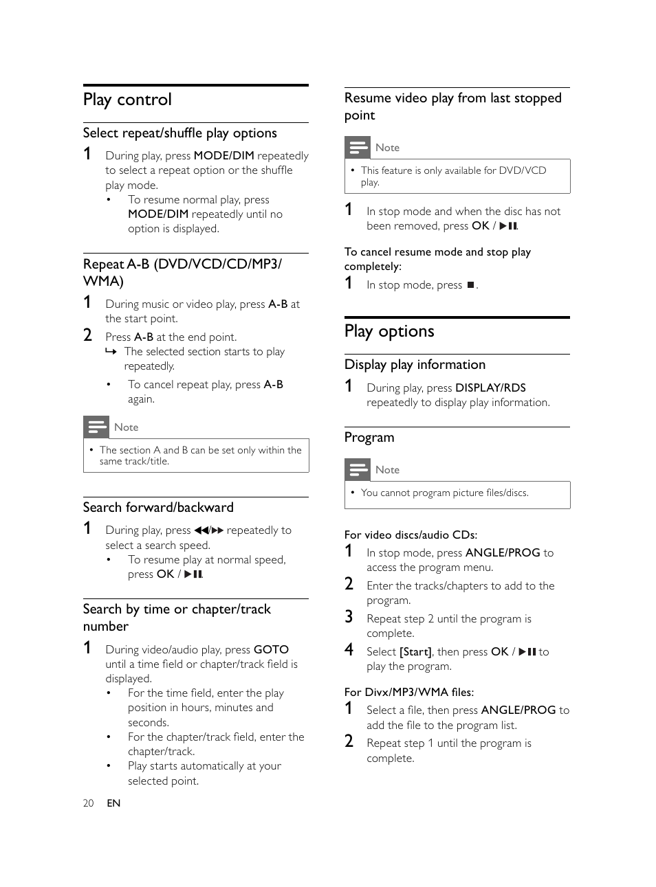 Play options, Play control | Philips Microcadena DVD por componentes User Manual | Page 19 / 269