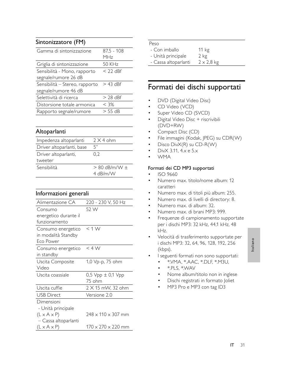Formati dei dischi supportati, Sintonizzatore (fm), Altoparlanti | Informazioni generali | Philips Microcadena DVD por componentes User Manual | Page 198 / 269