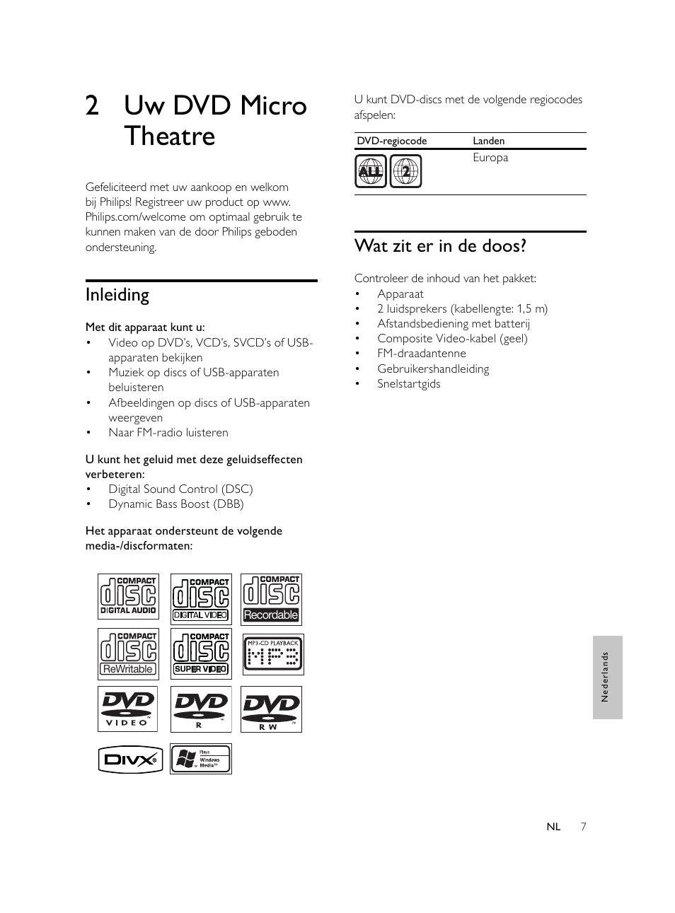 2 uw dvd micro theatre, Wat zit er in de doos, Inleiding | Philips Microcadena DVD por componentes User Manual | Page 208 / 269